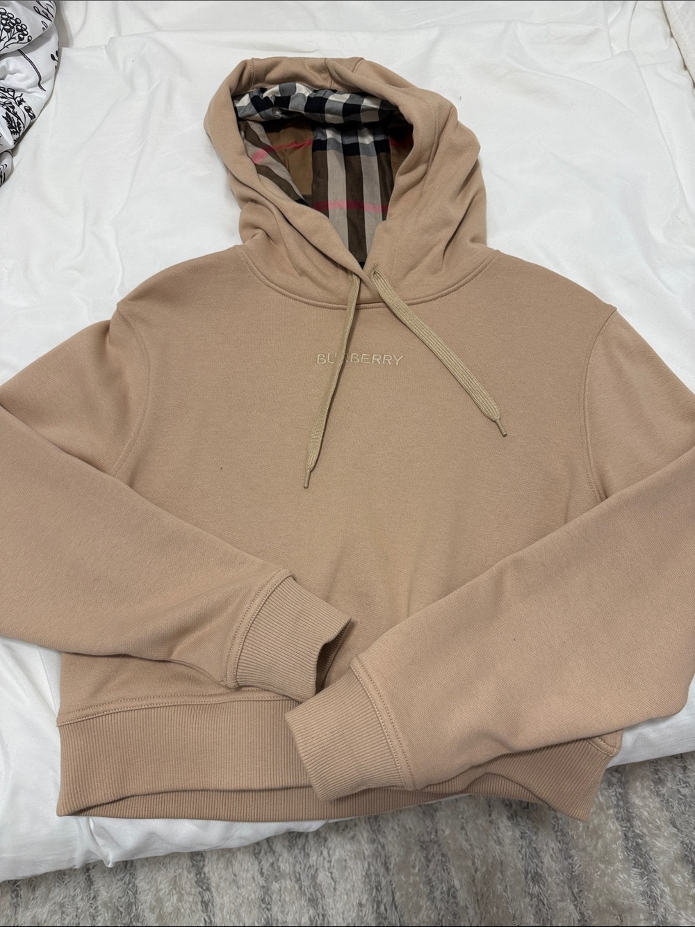 Burberry Tan Crewneck Hoodie with Signature Check Hood Lining